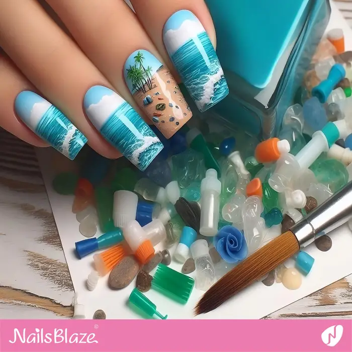 French Nails Design Against Ocean and Beach Plastic Pollution | Save the Ocean Nails - NB3093
